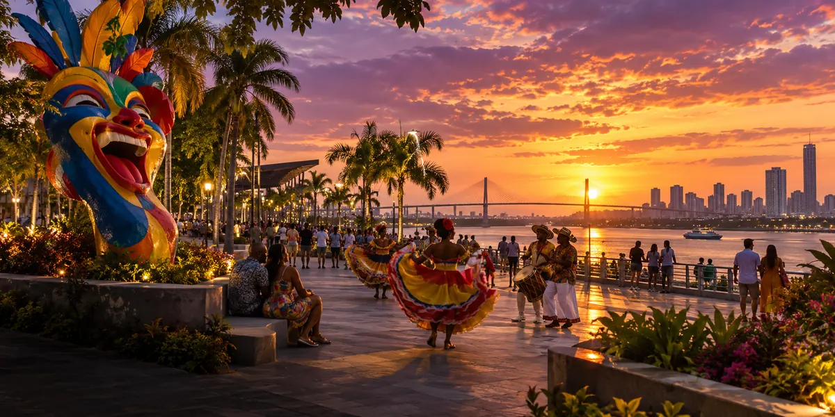 Paseo junto al río en Barranquilla al atardecer.