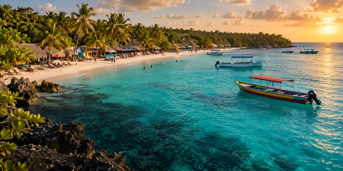 Playa Blanca en Barú con mar turquesa y palmeras.