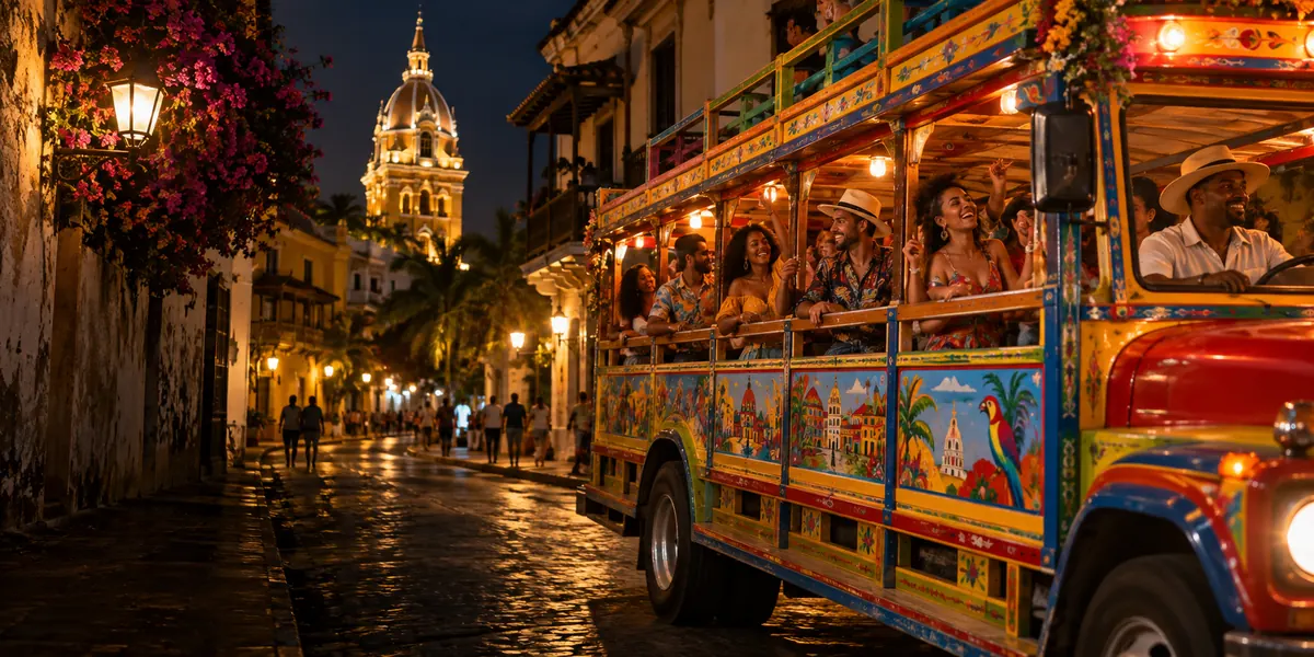 Una chiva rumbera en una calle colonial iluminada de Cartagena.