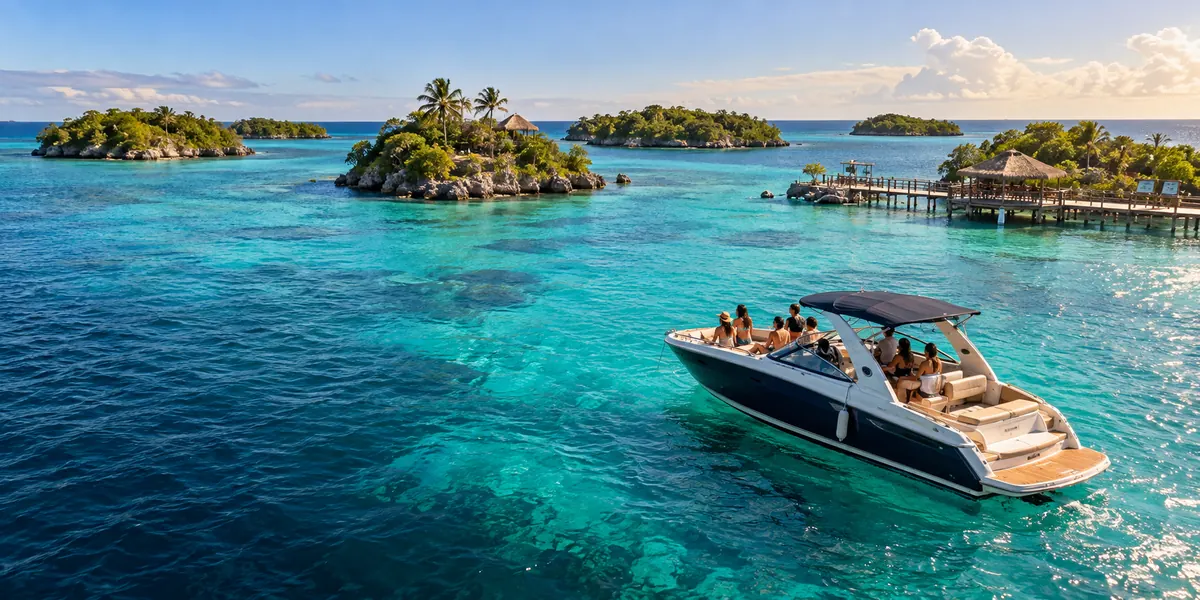 Islas caribeñas y una embarcación en aguas turquesas.