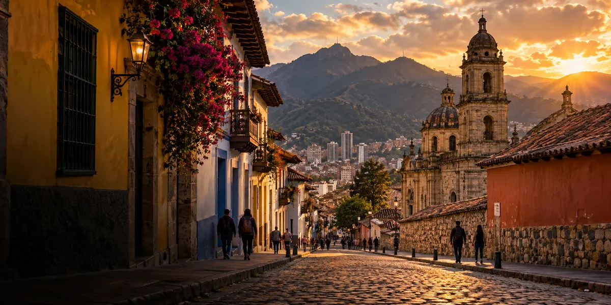 Vista de una calle colonial de Bogotá al atardecer.