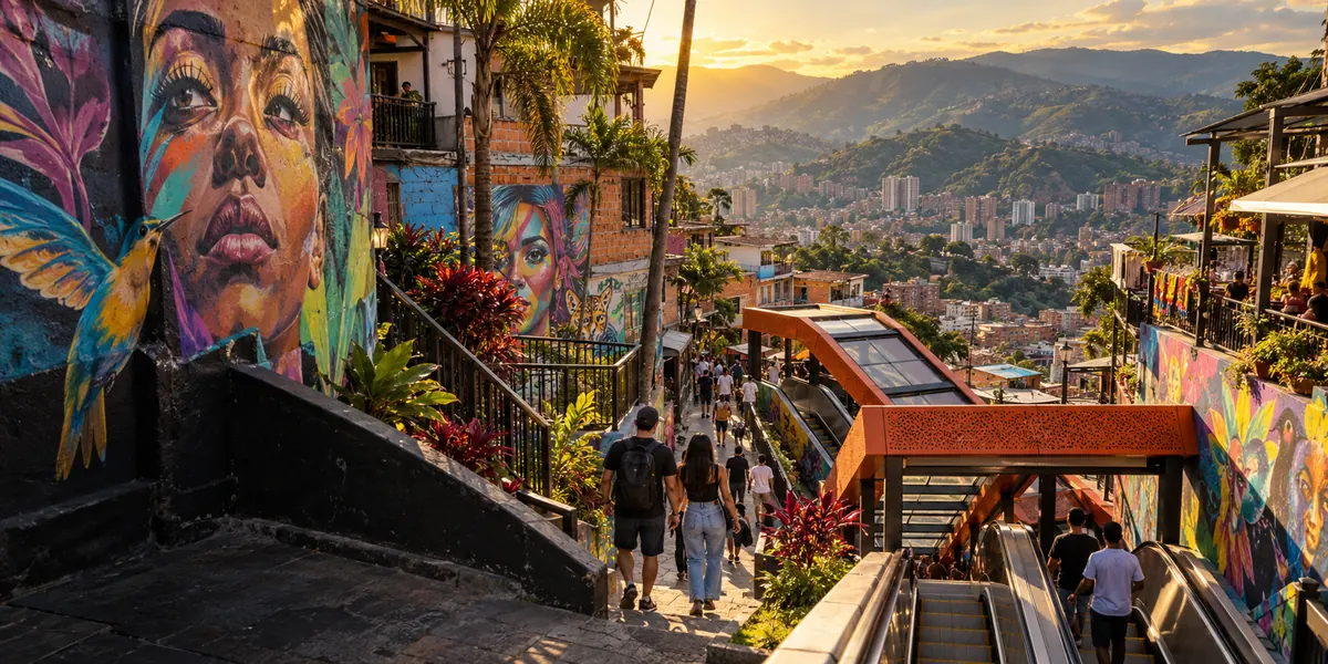 Murales y escaleras exteriores en la Comuna 13 de Medellín.