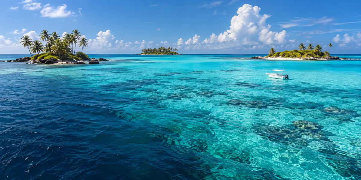 Mar de varios tonos azules e islotes en San Andrés.
